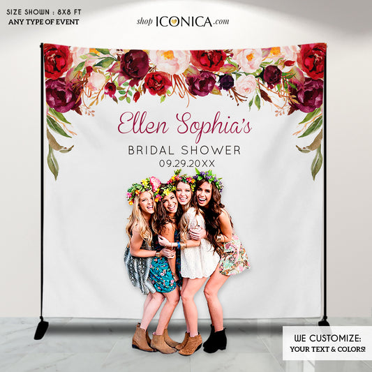 Bridal Shower backdrop,Wedding Backdrop, Floral Backdrop Burgundy and Pink Watercolor, Personalized step and repeat,Engagement Party BBR0032
