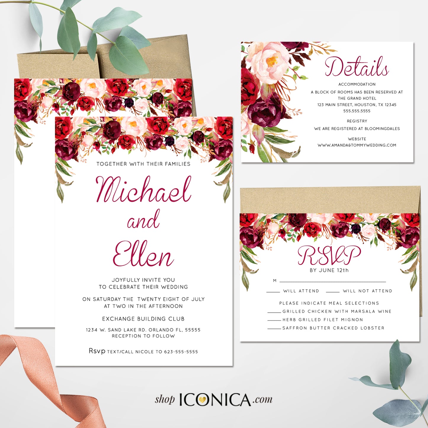 Wedding Invitations, Burgundy Pink and Navy Floral Invitation, Brigitte Collection - Marsala Red Burgundy