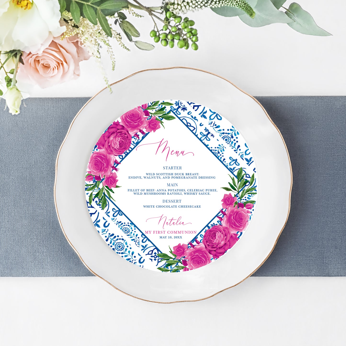 Tuscan Pink Floral First Communion Menu