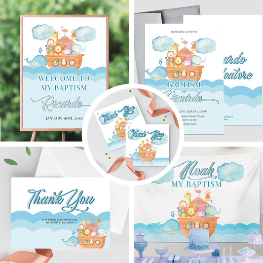 Baptism Boy Invitation Noahs Ark Decoration-Event Paper Set Printed, Custom Baptism Decorations, Any type of event