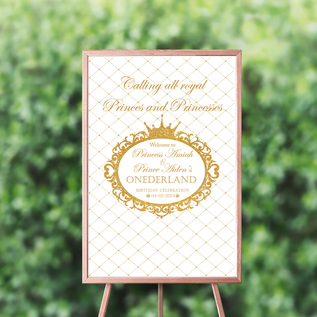 Royal First Birthday Welcome Sign, 1st Birthday Sign, White And Gold Sign, First Birthday, Any Color, Printed SWBD002
