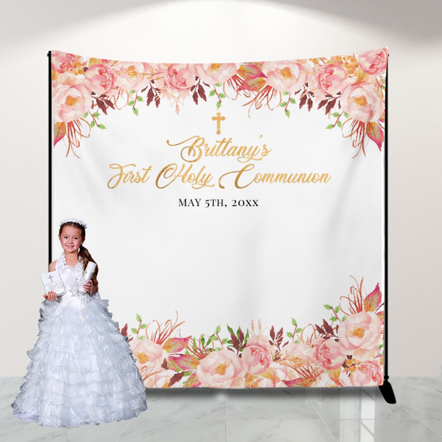 First Communion Invitations, Romantic Bloom, Blush Pink Floral Invitation, Watercolor Religious Events, Printed