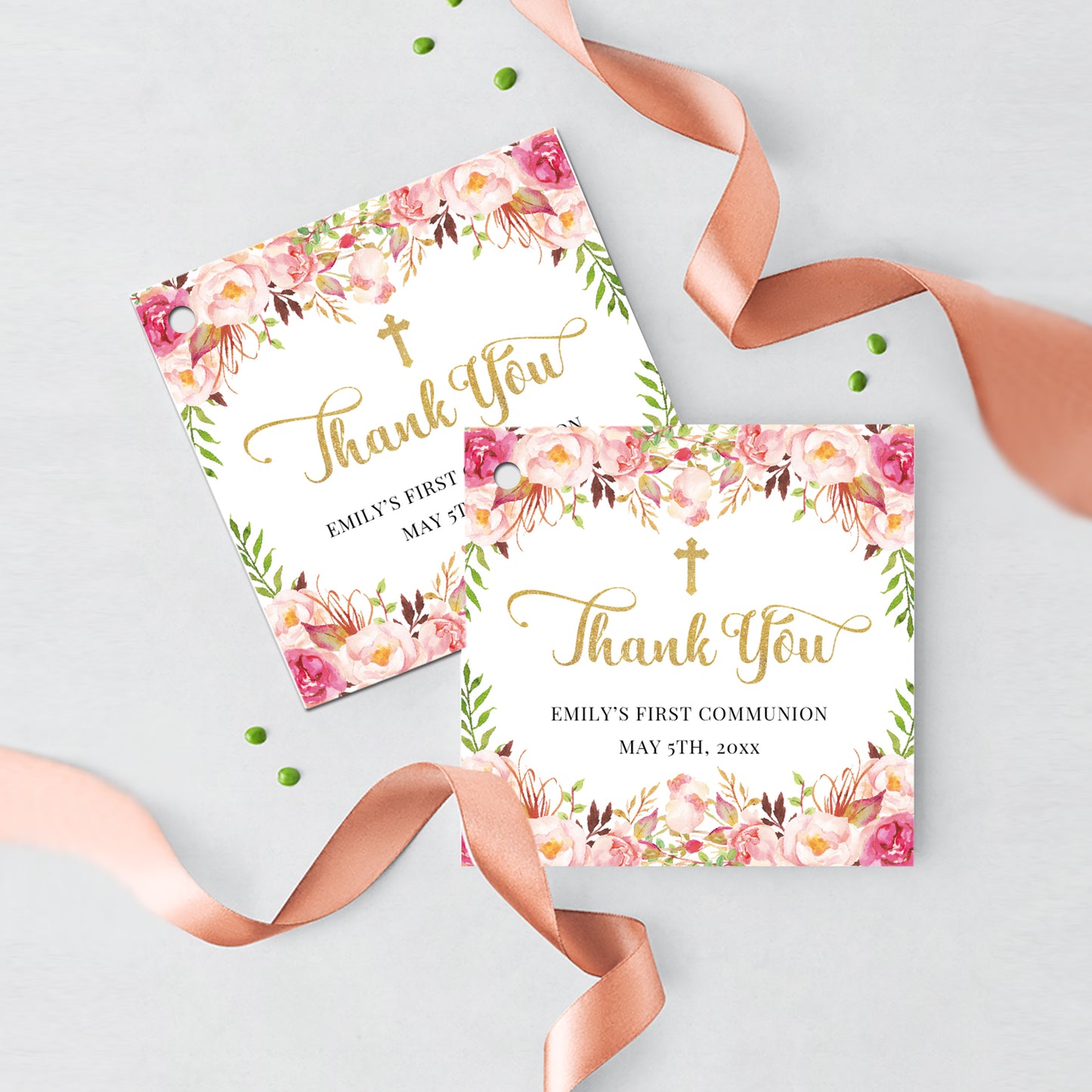 First Communion Invitations, Romantic Bloom, Blush Pink Floral Invitation, Watercolor Religious Events, Printed