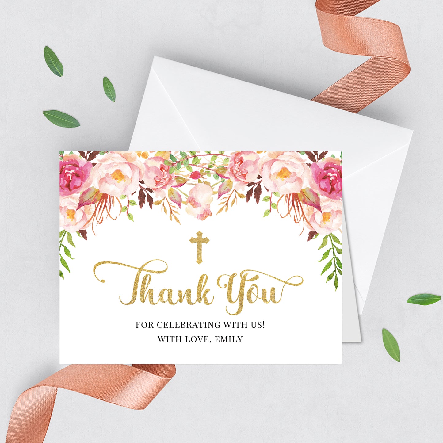First Communion Invitations, Romantic Bloom, Blush Pink Floral Invitation, Watercolor Religious Events, Printed