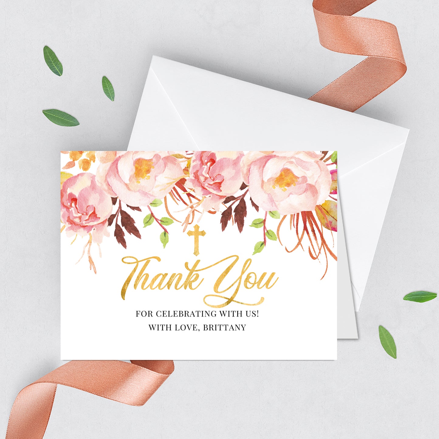 First Communion Invitations, Romantic Bloom, Blush Pink Floral Invitation, Watercolor Religious Events, Printed