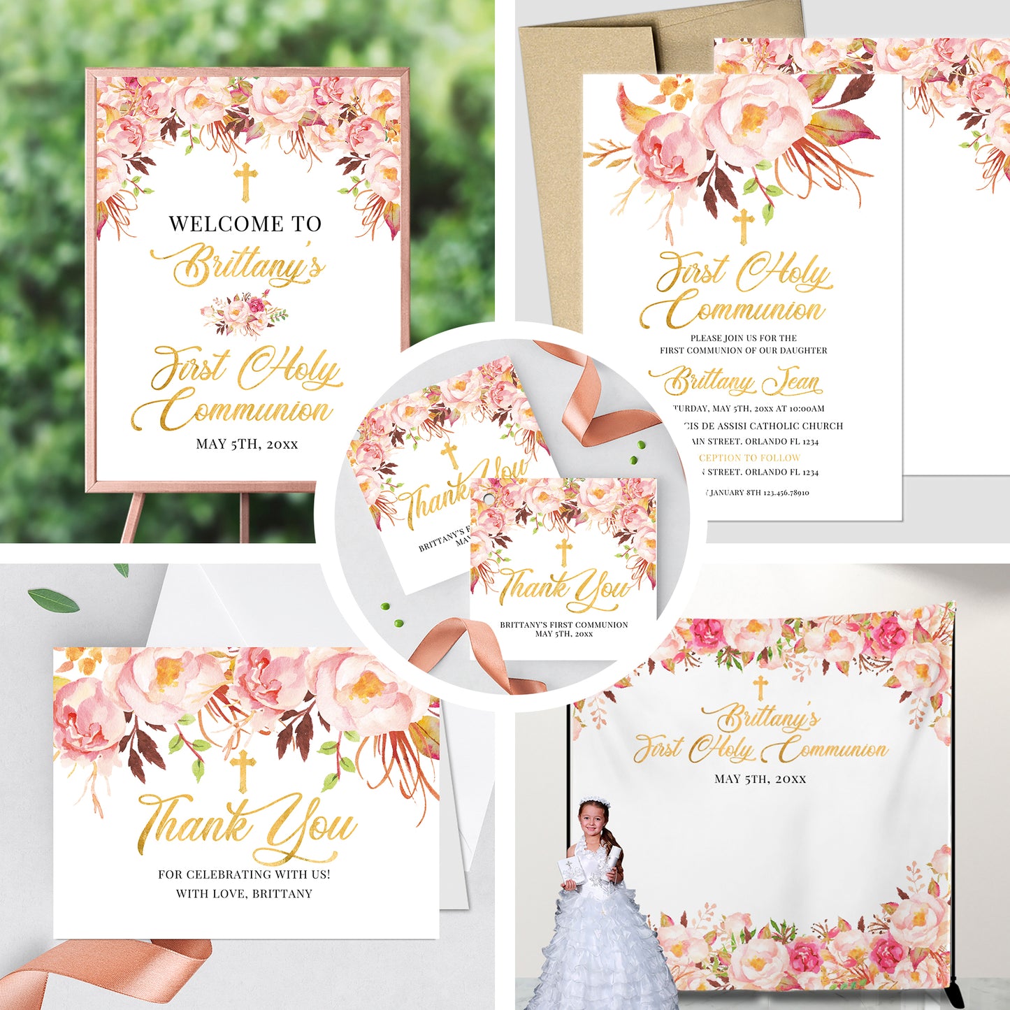 First Communion Invitations, Romantic Bloom, Blush Pink Floral Invitation, Watercolor Religious Events, Printed
