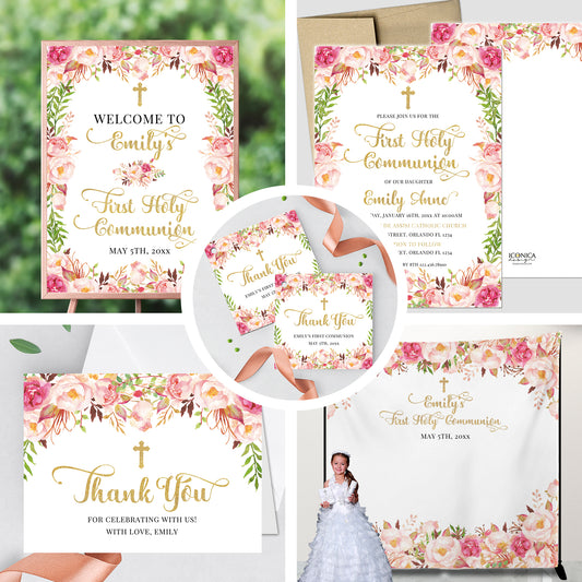 First Communion Invitations, Romantic Bloom, Blush Pink Floral Invitation, Watercolor Religious Events, Printed