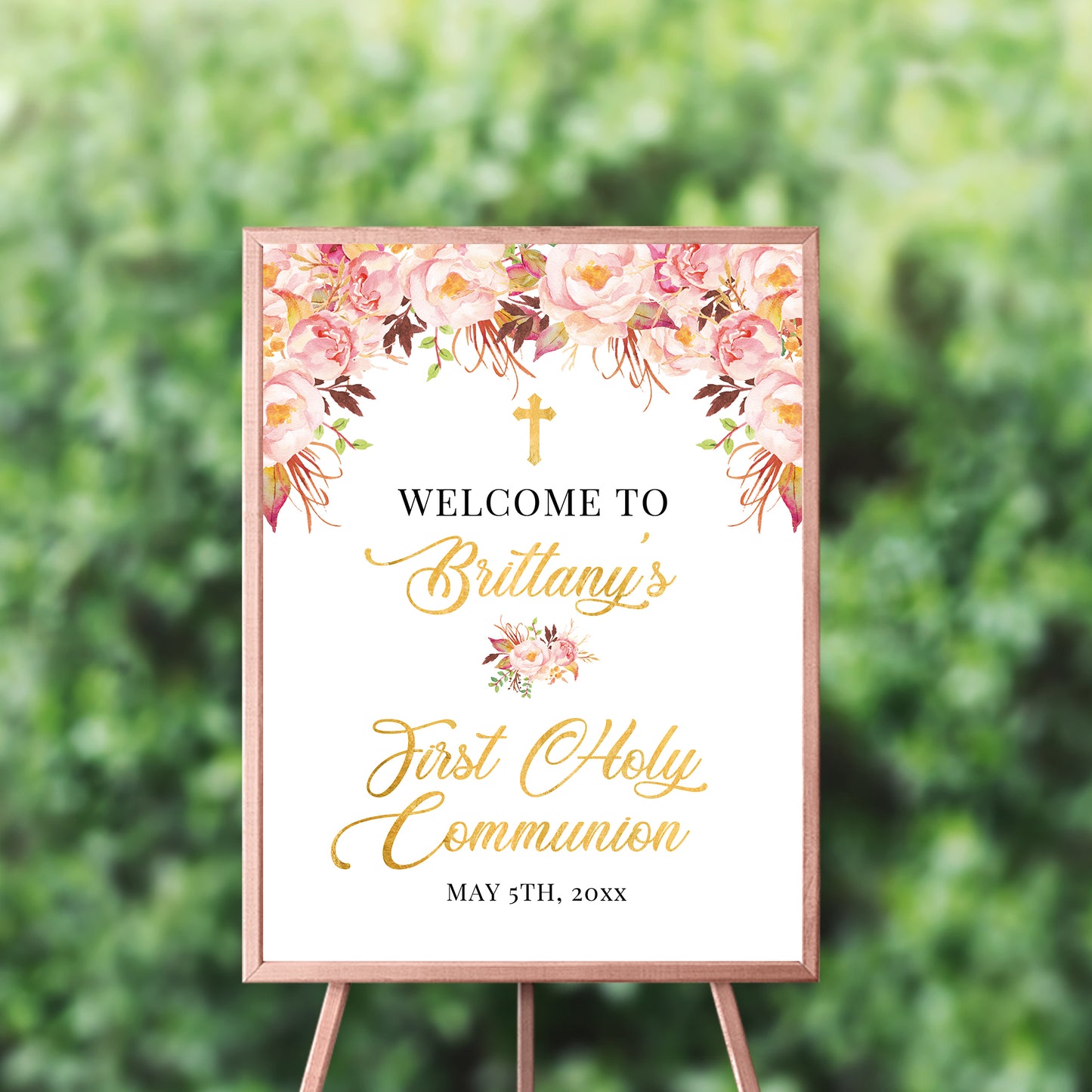 First Communion Invitations, Romantic Bloom, Blush Pink Floral Invitation, Watercolor Religious Events, Printed