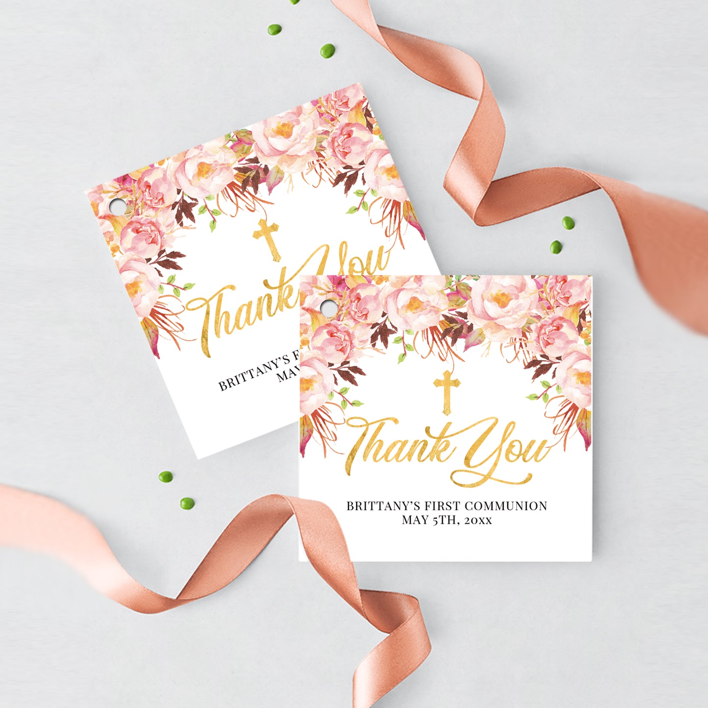 First Communion Invitations, Romantic Bloom, Blush Pink Floral Invitation, Watercolor Religious Events, Printed