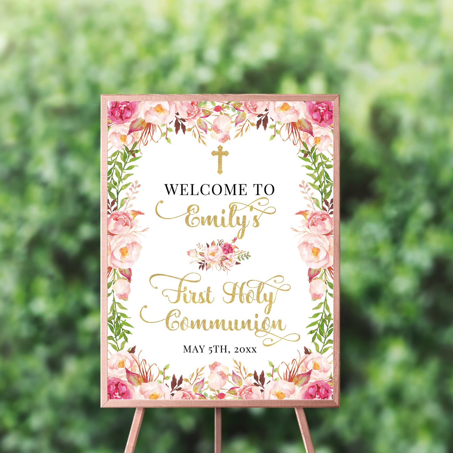 First Communion Invitations, Romantic Bloom, Blush Pink Floral Invitation, Watercolor Religious Events, Printed