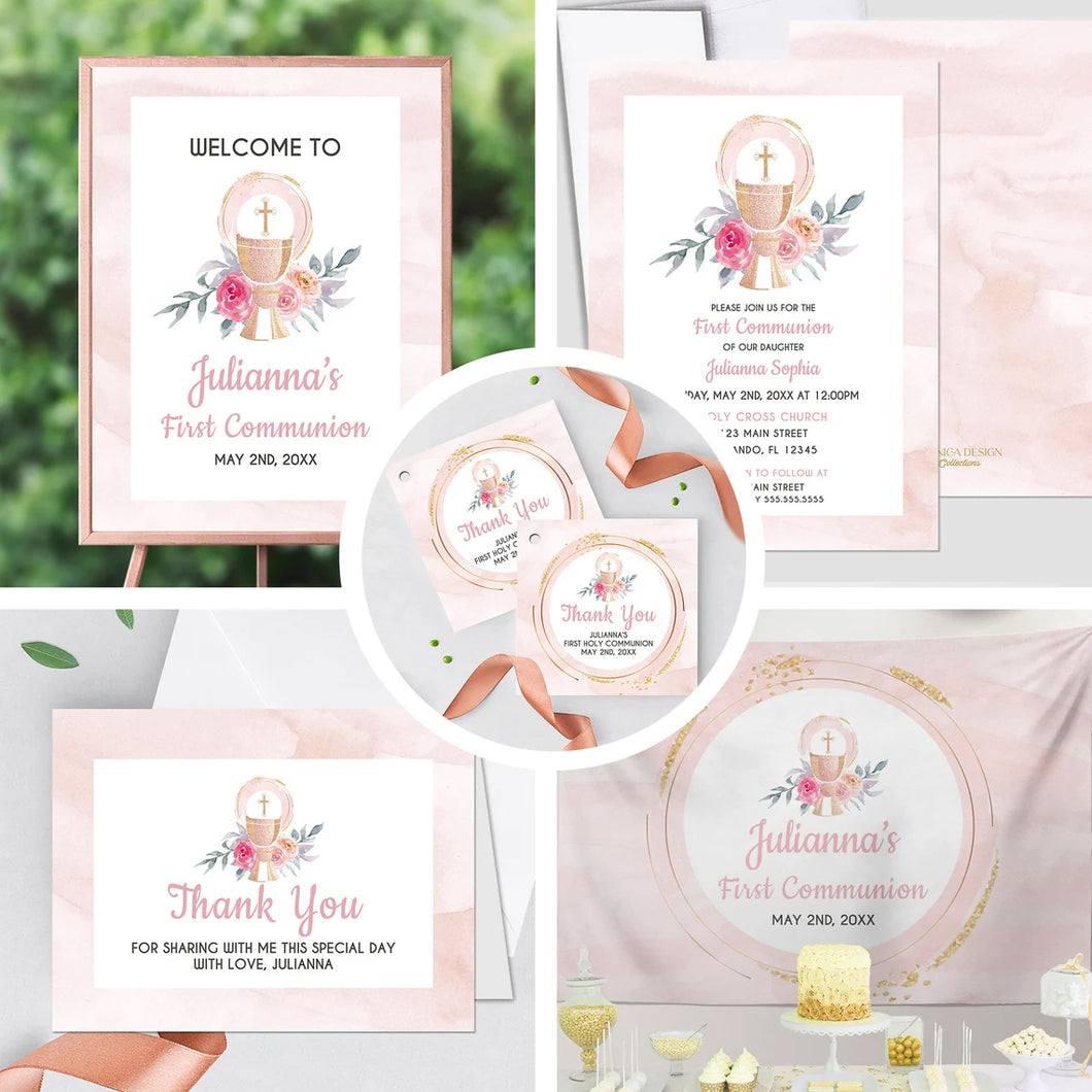 First Communion Invitation Girl Elegant Communion Decorations for Girl Event Paper Set, Pink Gold Chalice Floral Watercolor Design
