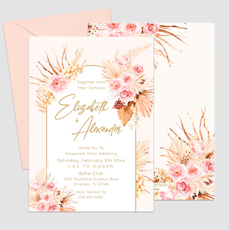 Boho Chic Invitation, boho chic wedding invites, Dried Floral Pink Invite, Boho Bridal Shower Invitations,Pampas theme Wedding Invite