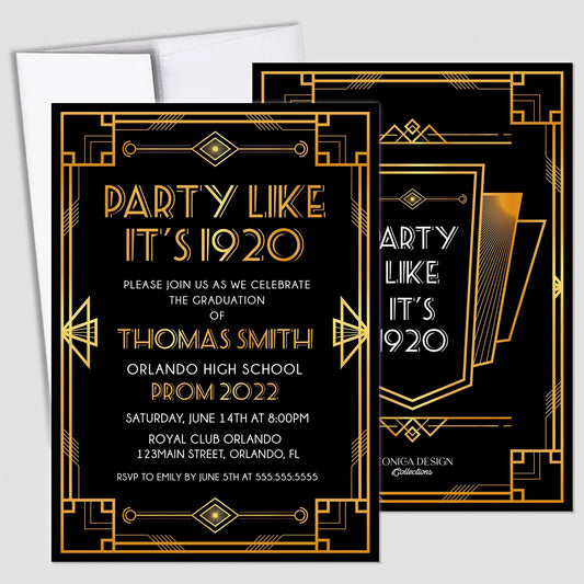 Roaring 20s Invitation Party like its 1920 theme graduation party invitation, Great Gatsby Senior Prom 2023 Card, any text and type of event