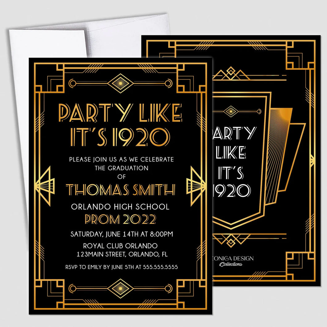 Roaring 20s Invitation Party like its 1920 theme graduation party invitation, Great Gatsby Senior Prom 2023 Card, any text and type of event