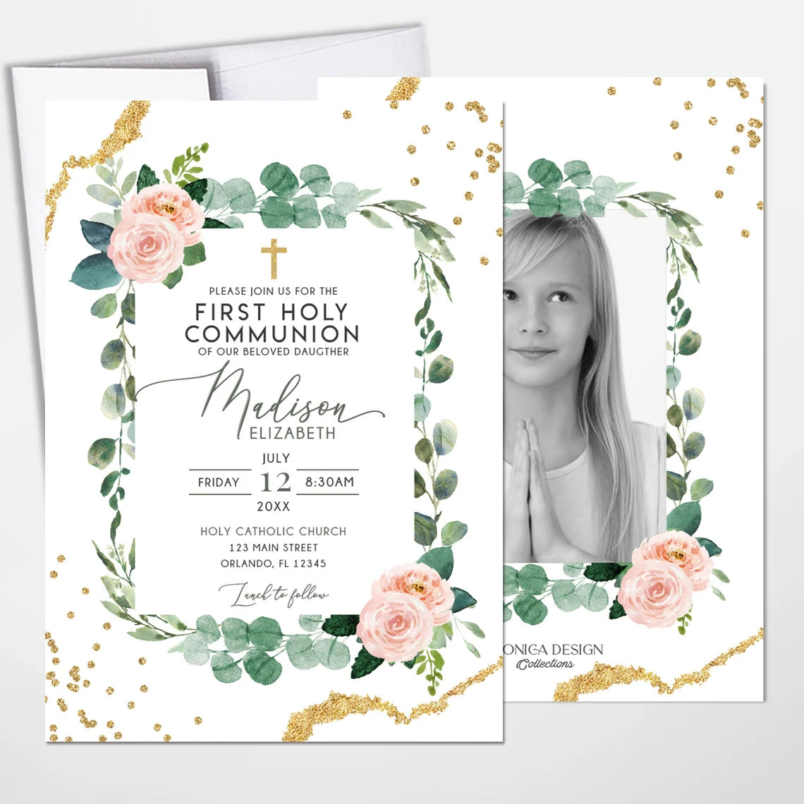 First Communion invitation girl, First holy communion invitation, Elegant Invitations Blush Pink Greenery Gold, invitaciones comunion