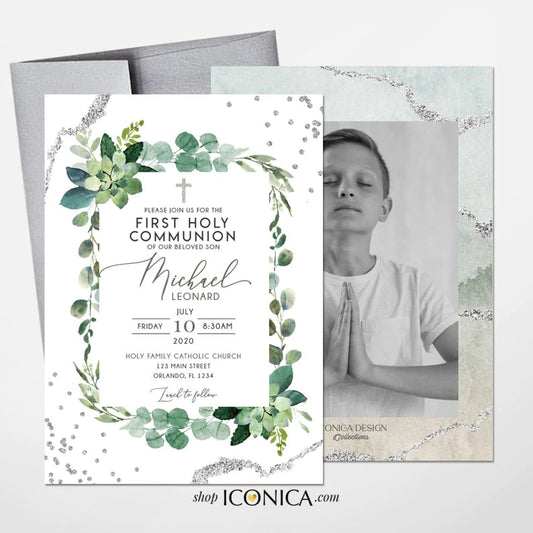 Boy First Communion Invitations, Boy religious invitation printed, Grenery Succulents, Boy communion invitation, Greenery invites