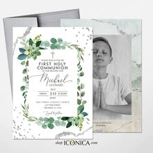 Load image into Gallery viewer, Boy First Communion Invitations, Boy religious invitation printed, Grenery Succulents, Boy communion invitation, Greenery invites
