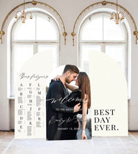 Load image into Gallery viewer, Arch Sign Wedding Welcome Sign Large Arched Panel with easel Entrance Sign Seating Chart Large Foam Board Custom text, color Light Weight
