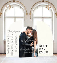 Load image into Gallery viewer, Arch Seating Chart Large Wedding Seating Chart Arched Panel with easel Entrance Sign Foam Board Custom text, color, Light Weight Indoor use
