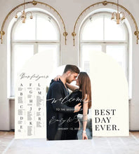 Load image into Gallery viewer, Arch Seating Chart Large Wedding Seating Chart Arched Panel with easel Entrance Sign Foam Board Custom text, color, Light Weight Indoor use
