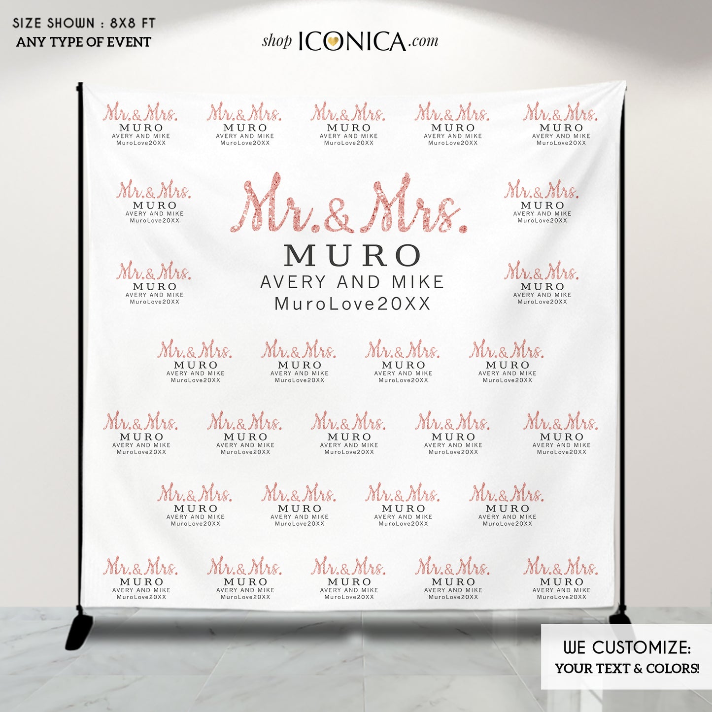 Wedding Backdrop - Rose Gold And Black - Step And Repeat Backdrop- Photo Booth Banner ROSE GOLD Printed BWD0044