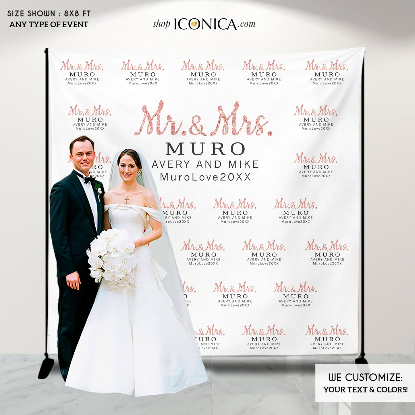 Wedding Backdrop - Rose Gold And Black - Step And Repeat Backdrop- Photo Booth Banner ROSE GOLD Printed BWD0044