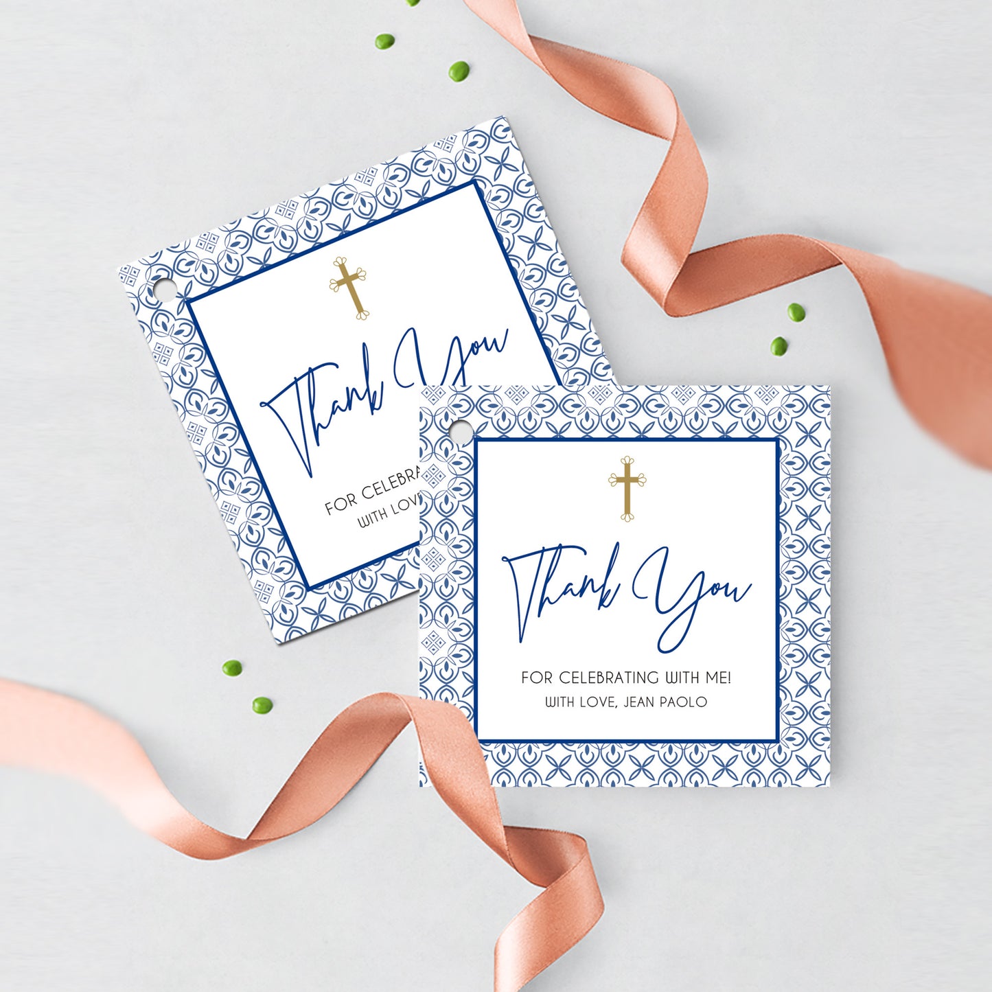 First Communion Invitation Boy Elegant Event Paper Set, Classic Blue Tiles Mediterranean Communion Collection, Any Religious Event