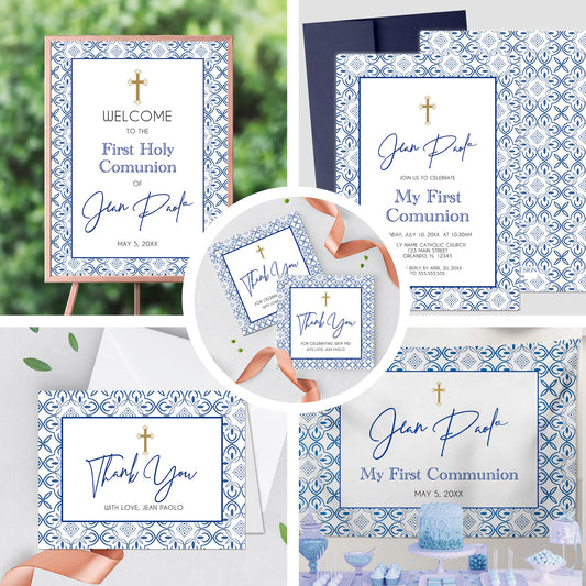 First Communion Invitation Boy Elegant Event Paper Set, Classic Blue Tiles Mediterranean Communion Collection, Any Religious Event
