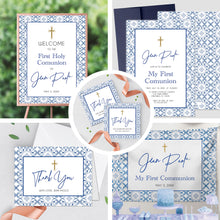 Load image into Gallery viewer, First Communion Invitation Boy Elegant Event Paper Set, Classic Blue Tiles Mediterranean Communion Collection, Any Religious Event
