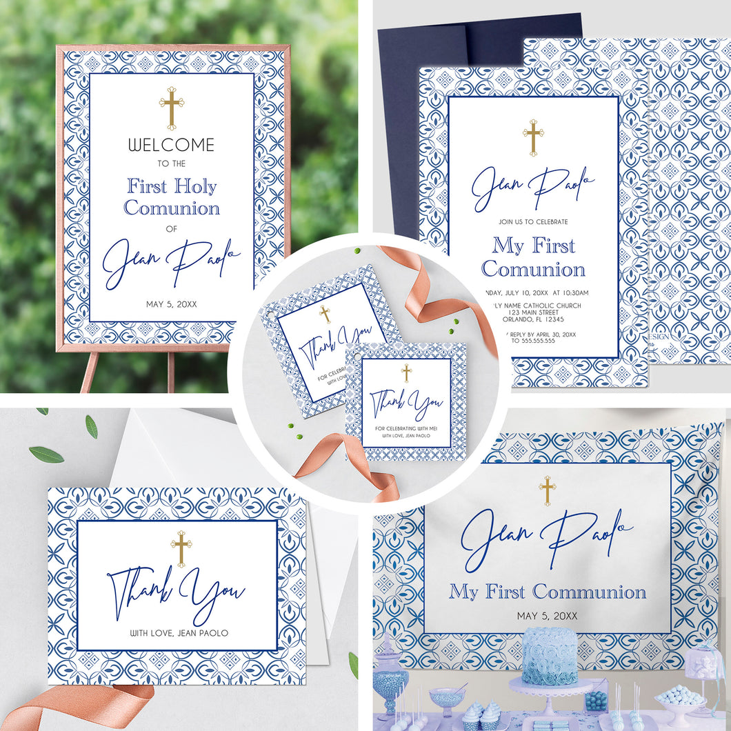 First Communion Invitation Boy Elegant Event Paper Set, Classic Blue Tiles Mediterranean Communion Collection, Any Religious Event