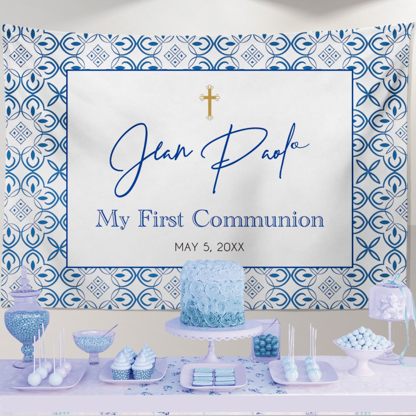 First Communion Invitation Boy Elegant Event Paper Set, Classic Blue Tiles Mediterranean Communion Collection, Any Religious Event