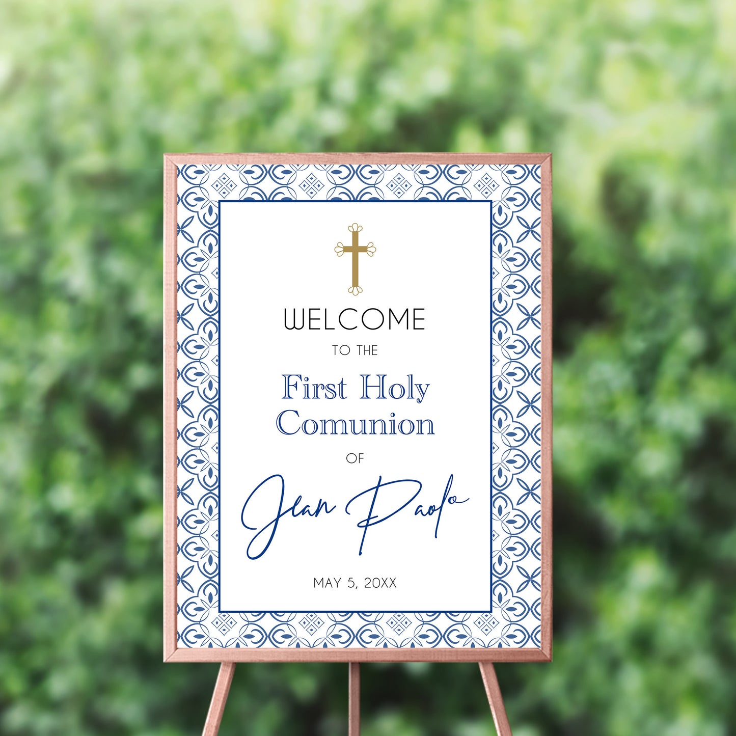 First Communion Invitation Boy Elegant Event Paper Set, Classic Blue Tiles Mediterranean Communion Collection, Any Religious Event
