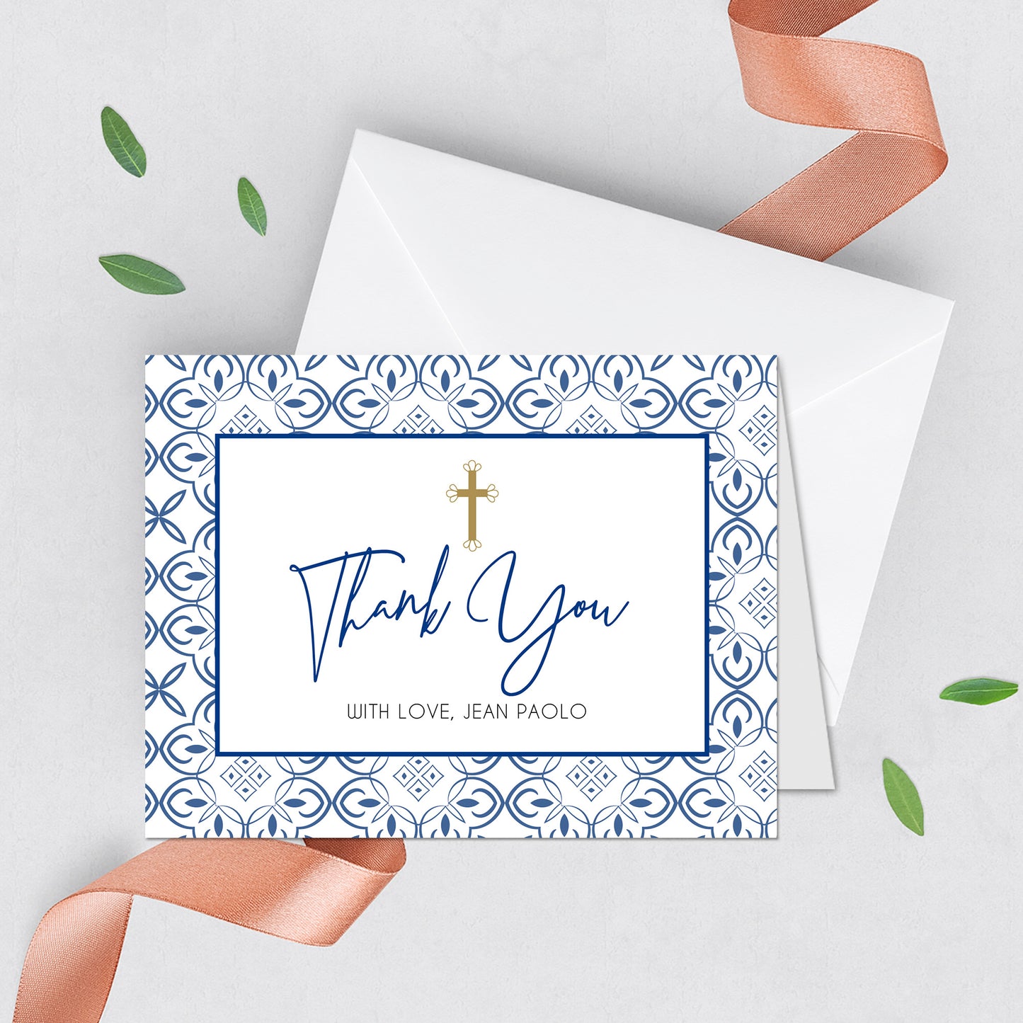 First Communion Invitation Boy Elegant Event Paper Set, Classic Blue Tiles Mediterranean Communion Collection, Any Religious Event