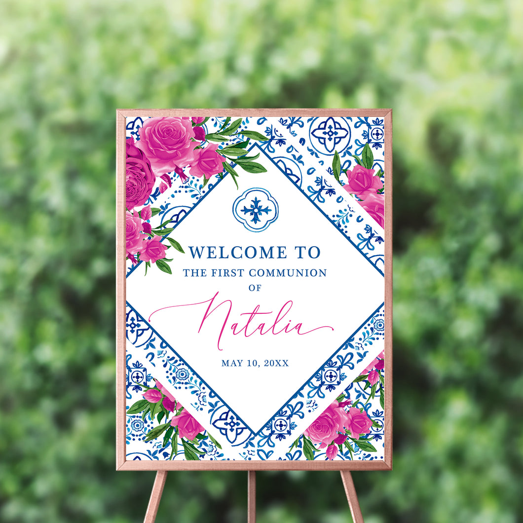 Tuscan Pink Floral First Communion Welcome Sign
