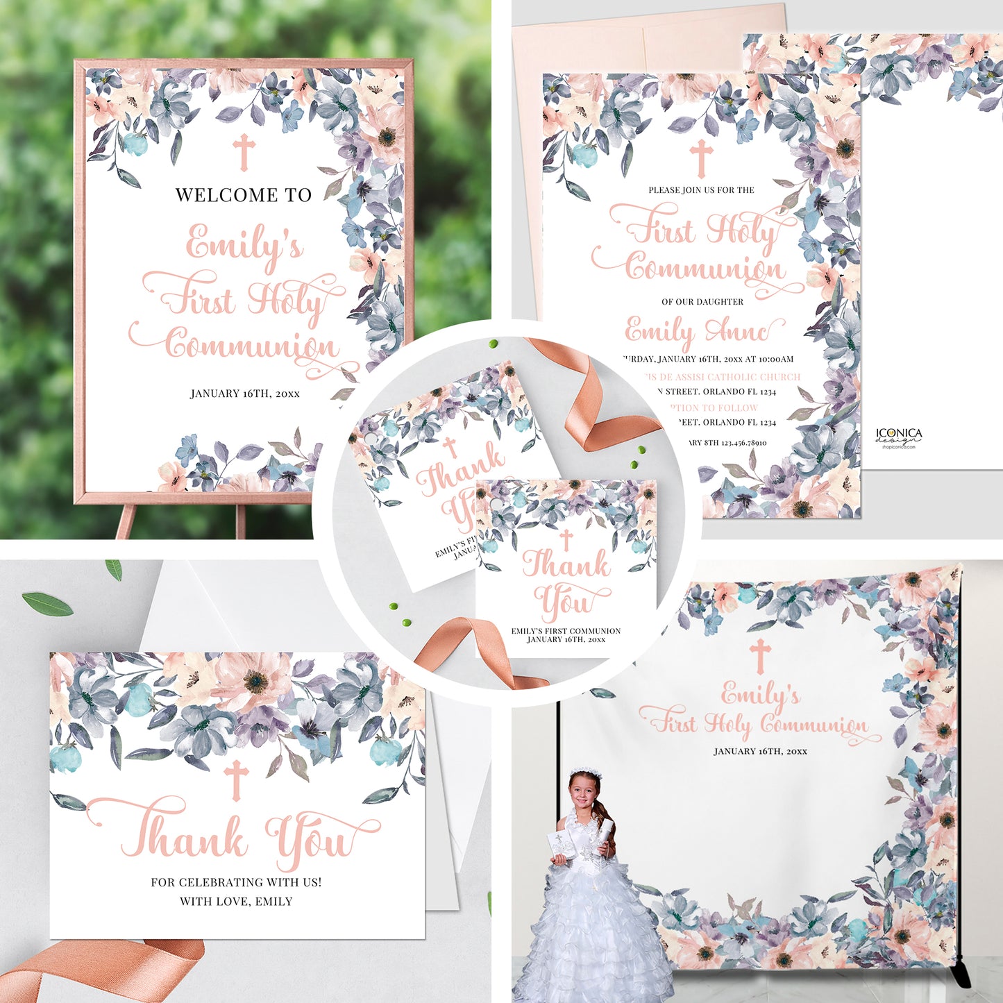 First Communion Invitations, Invitation Romantic Floral Invitation Blush and Dusty Blue Floral Design Printed
