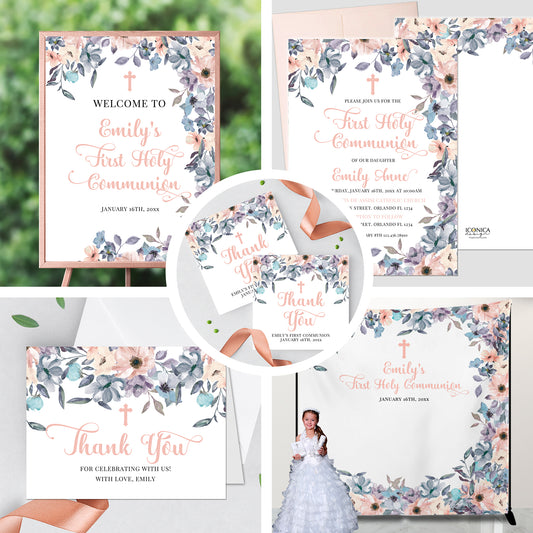 First Communion Invitations, Invitation Romantic Floral Invitation Blush and Dusty Blue Floral Design Printed