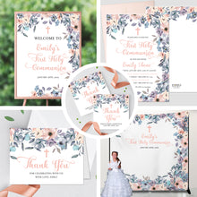 Load image into Gallery viewer, First Communion Invitations, Invitation Romantic Floral Invitation Blush and Dusty Blue Floral Design Printed
