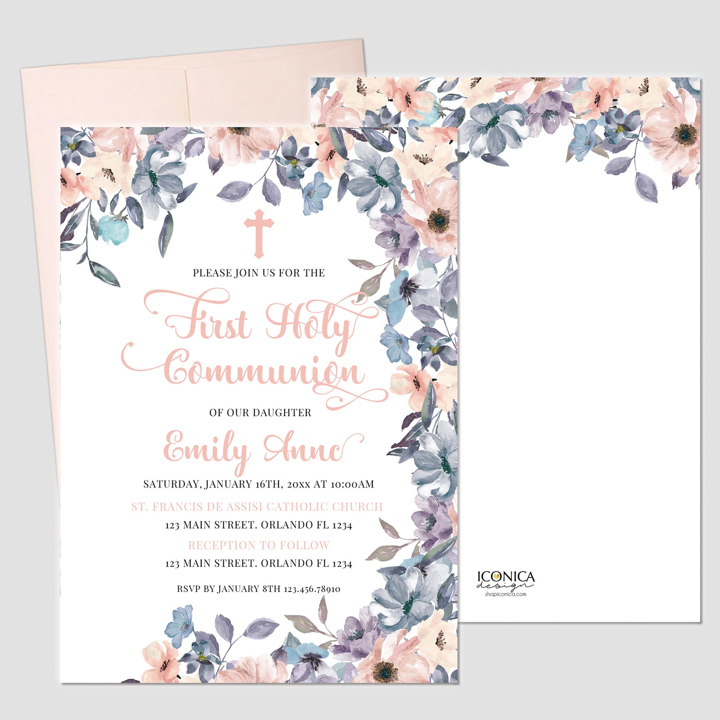 First Communion Invitations, Invitation Romantic Floral Invitation Blush and Dusty Blue Floral Design Printed
