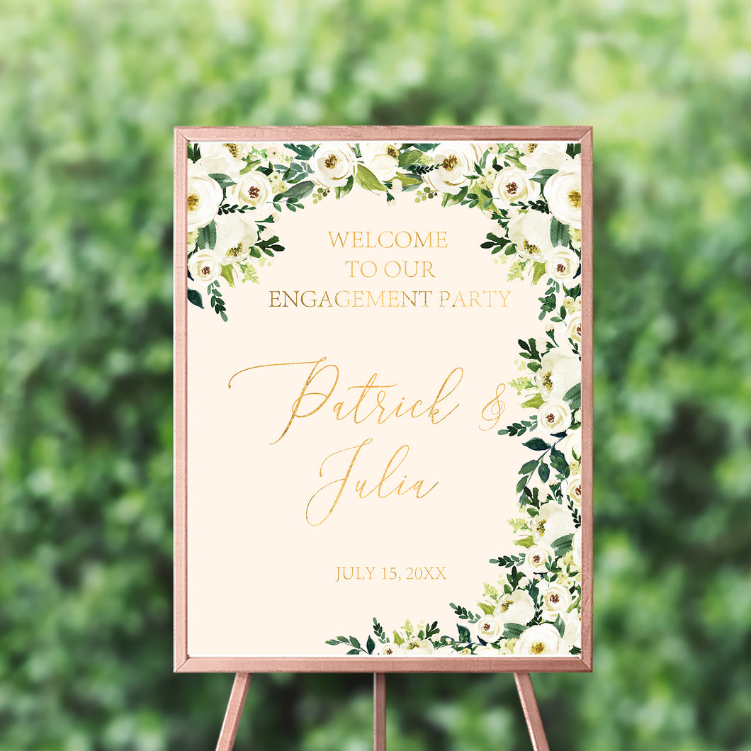 Wedding Welcome Sign, Floral Watercolor Wedding Decor,Engagement Party Decor, White Flowers and Gold Decor, Printed SWWD005