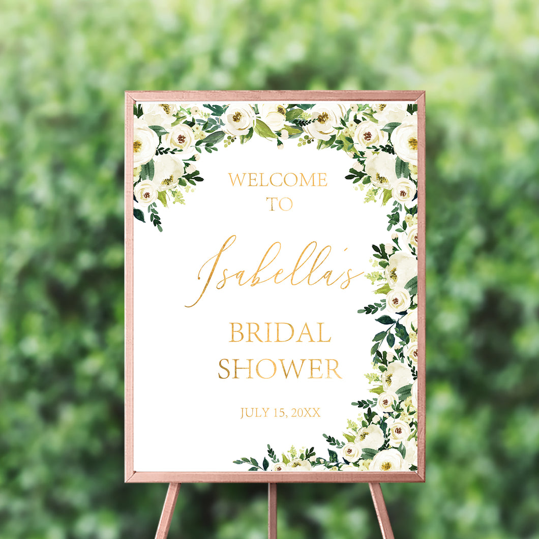 Engagement Party Decor,Wedding Welcome Sign, Floral Watercolor Wedding Decor, White Flowers and Gold Decor,Printed File SWWD005