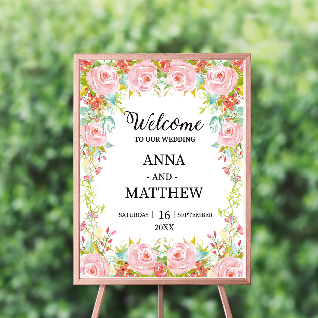 Wedding Welcome Sign, Floral Welcome Sign,Garden Party, Wedding Poster, Printed SWWD003