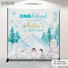 Load image into Gallery viewer, Winter ONEderland Animals Backdrop, Ice Blue And Silver Backdrop,Winter Wonderland Party, Snowflakes, Winter Animals 1st Birthday
