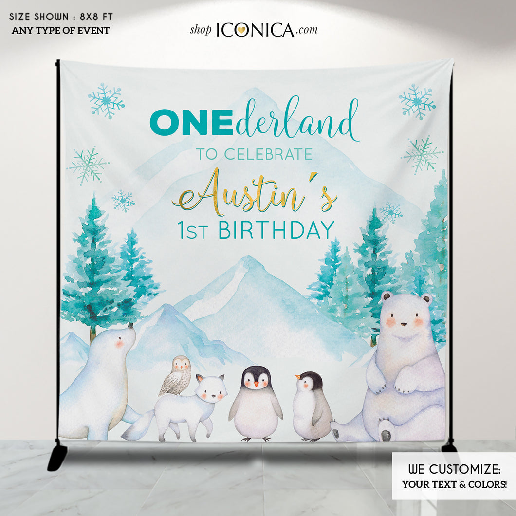 Winter ONEderland Animals Backdrop, Ice Blue And Silver Backdrop,Winter Wonderland Party, Snowflakes, Winter Animals 1st Birthday