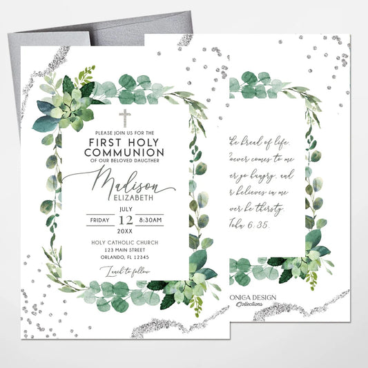 Girl First Communion Invitations, religious invitation printed, Grenery Succulents, communion invitation, Greenery invites