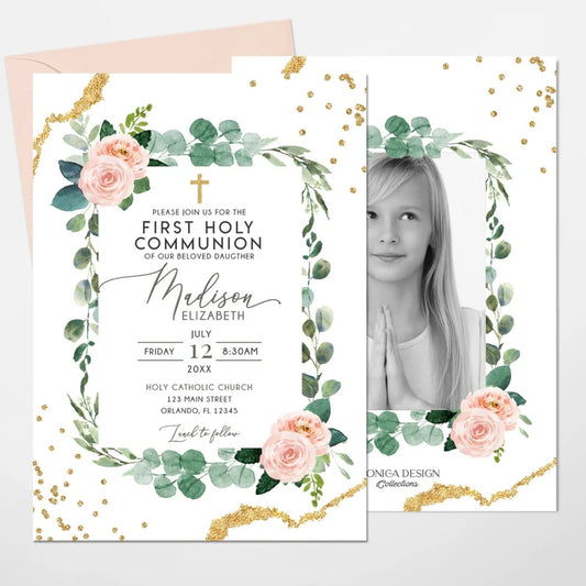 First Communion invitation girl, First holy communion invitation, Elegant Invitations Blush Pink Greenery Gold, invitaciones comunion
