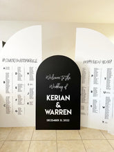 Load image into Gallery viewer, Wedding Arch Welcome Sign and Itinerary Large Wedding Sign Arched Panel with easel Entrance Sign Foam Board Custom text, color, Light Weight
