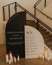 Load image into Gallery viewer, Large Wedding Seating Chart Foam Arched Panel with easel Entrance Sign, Wedding Itinerary Sign, Custom text, color, Light Weight Indoor use
