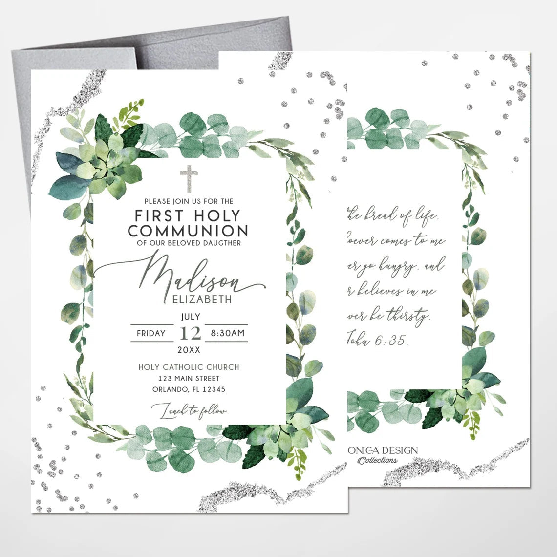 Girl First Communion Invitations, religious invitation printed, Grenery Succulents, communion invitation, Greenery invites