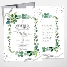Load image into Gallery viewer, Girl First Communion Invitations, religious invitation printed, Grenery Succulents, communion invitation, Greenery invites
