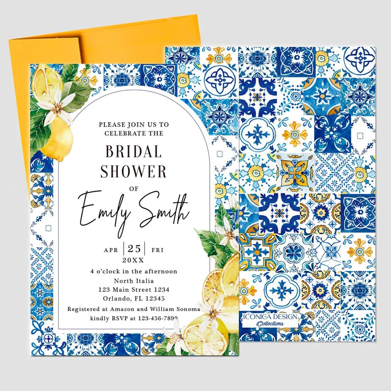 Tuscan Lemon Bridal Shower Invitation,Blue Tile and Lemon Cards,Citrus Lemons Invitations,Country Lemons Invites for Bridal any event